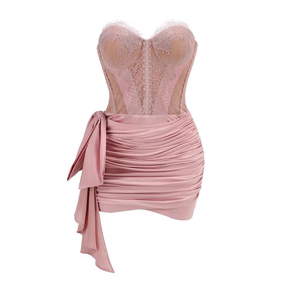 Eyelash Lace Bow Waist-Cinched Pleated Dress for Women XS