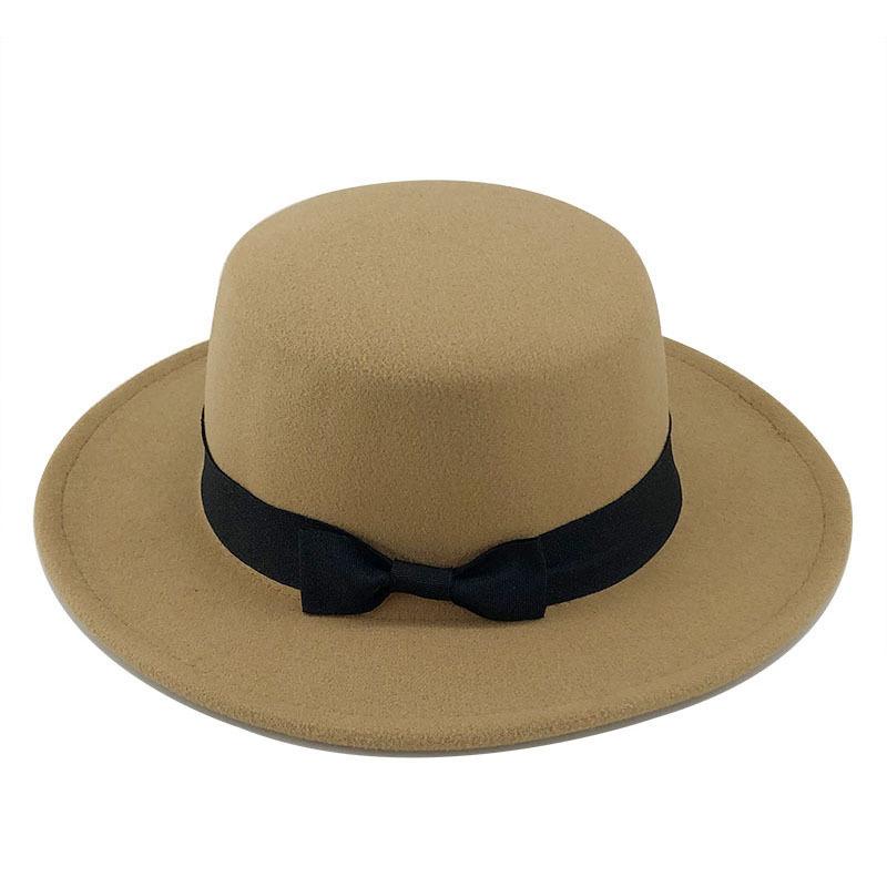 White new wool top hat bow flat top gentleman's hat versatile jazz hat casual woolen hat felt hat