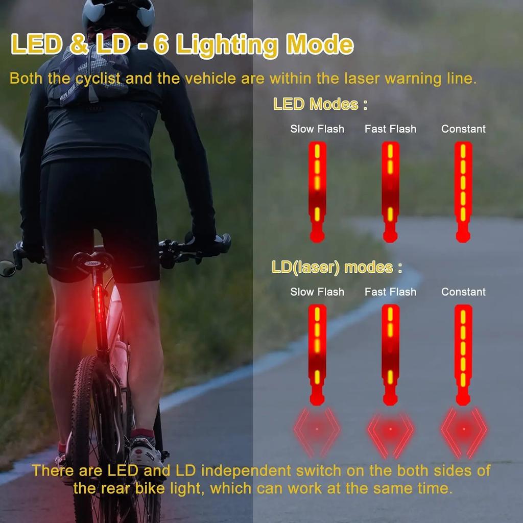 Rechargeable Bike Tail Light 6 Light Modes Cycling Safety Warning Light Bike Lights for Night Riding Laser Line Warning Lamp