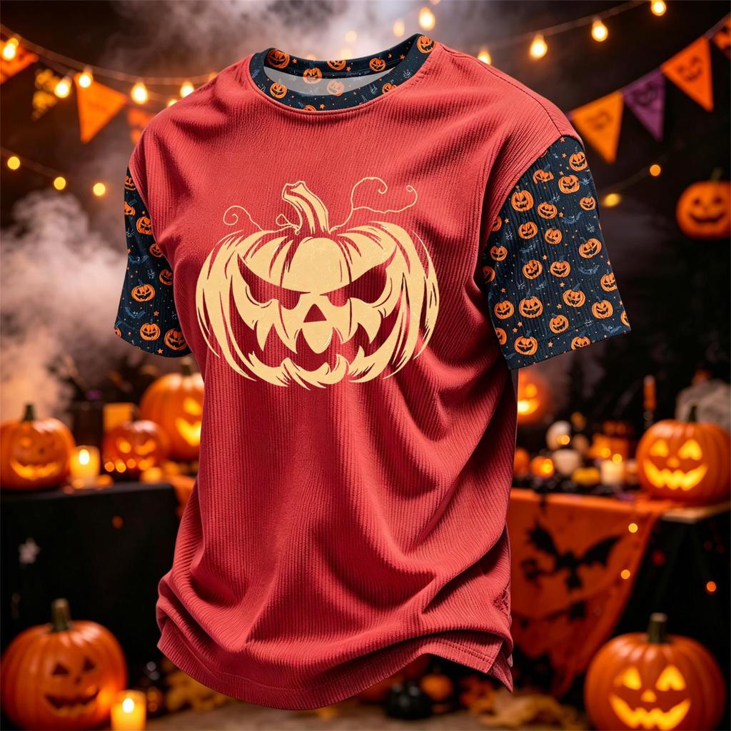 Herren Kord-Rundhals Leicht Atmungsaktiv Kurzarm Oberteil Halloween-Druck Kürbis Grafik Buchstaben oder Süßes Design Freizeithemd