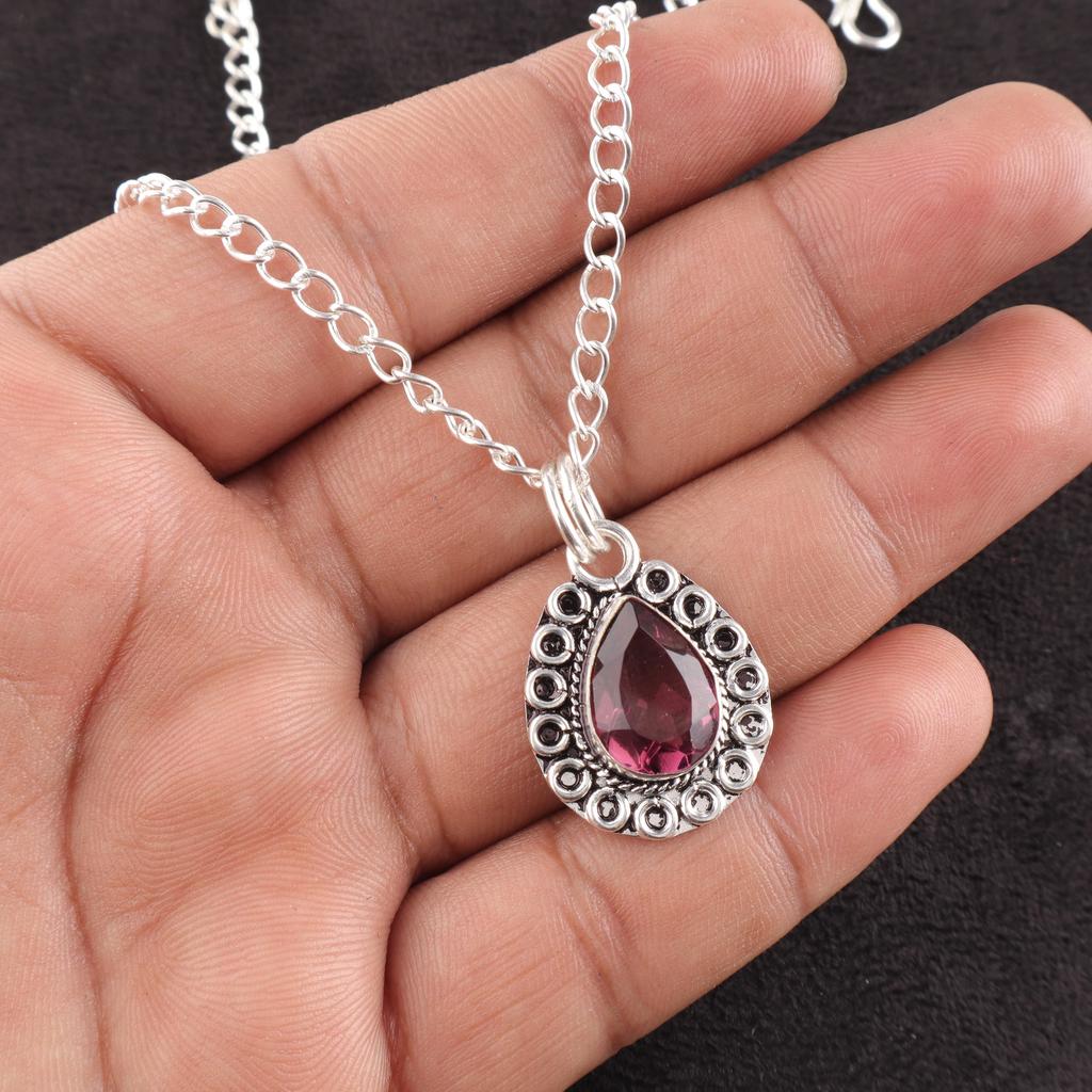 Rhodolite Gemstone Silver Pendant 1.02'' , 925 Sterling Silver Handmade Jewelry, Purple Color Stone Pendant For Women PP-26-45