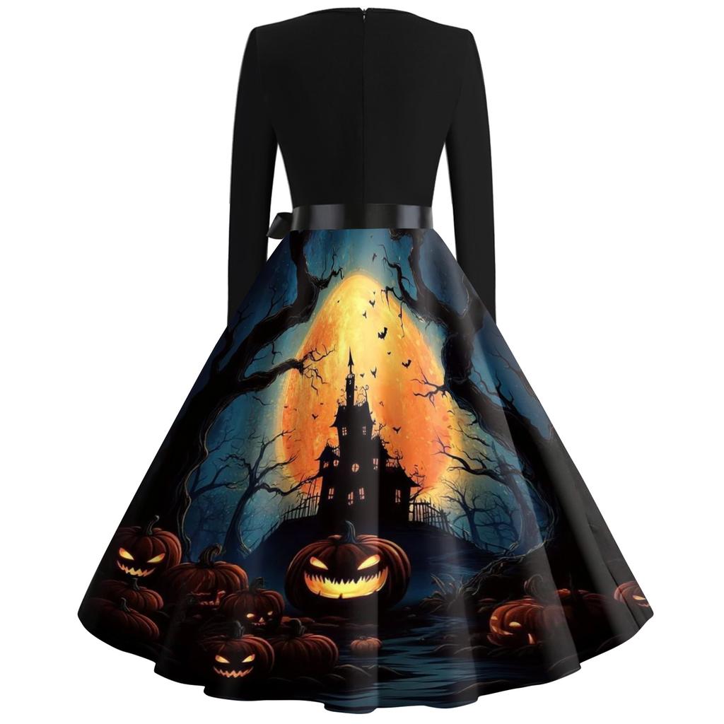 Women's Casual Vintage Halloween Dress Long Sleeve Square Neck Fit and Flare Midi Dress with Printed Skirt and Waist Tie