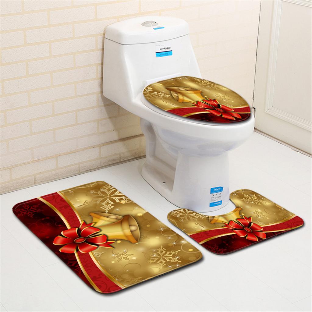 Decor Festiv de Crăciun pentru Capac de Toaletă Set Decor Baie/3 Piese Husă Festivă pentru Toaletă, Pernă și Covoraș pentru Picioare