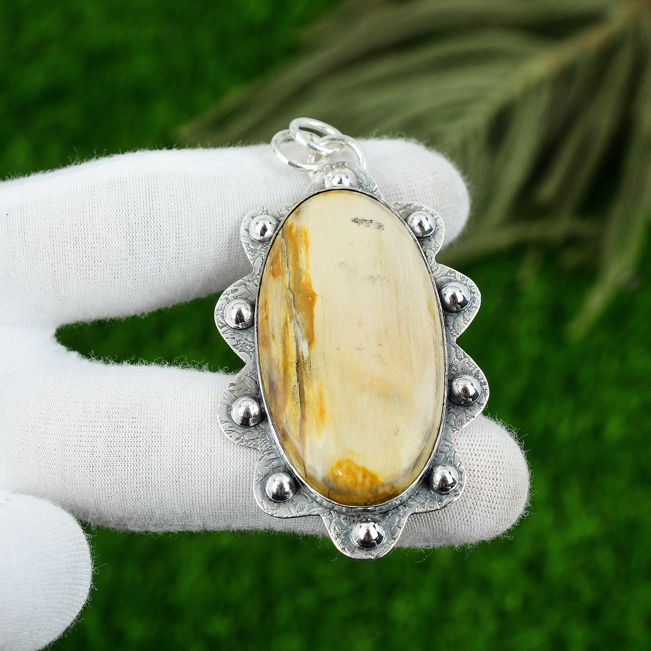 

Sterling Silver Oval Peanut Wood Jasper Stone Art Deco Birthday Wife New Pendant