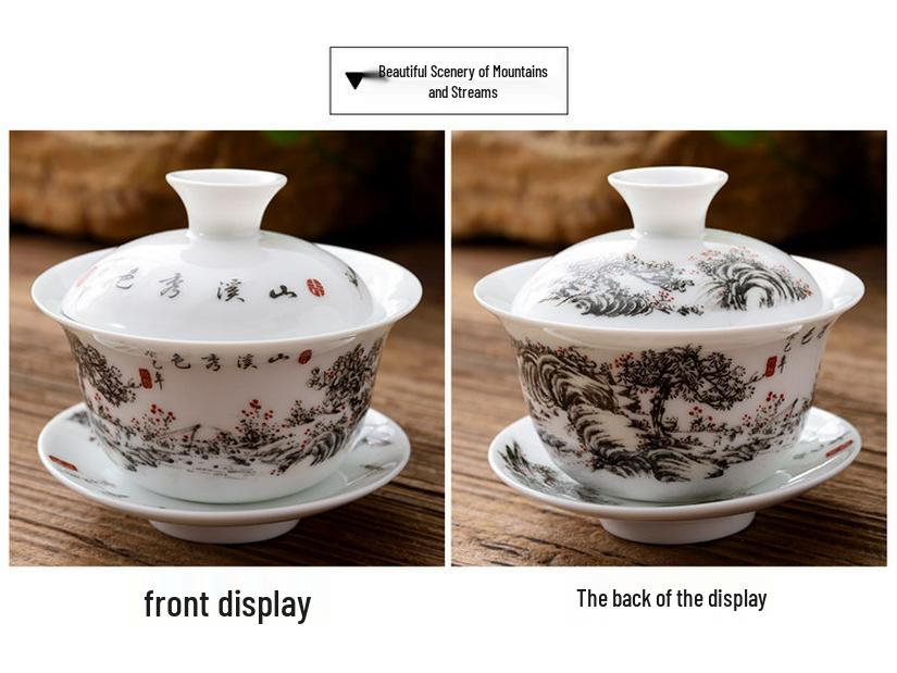 3.4-Inch Blue & White Ceramic Gaiwan Tea Set - 3-Piece, 100ml Capacity