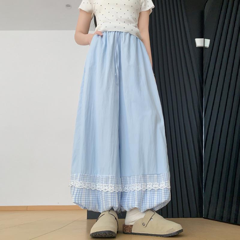 Lace Patchwork Lantern Pants - Spring/Summer Academy Style, Ice Silk, Wide-Leg Skirt Pants, Slimming Bud-Shaped Design.