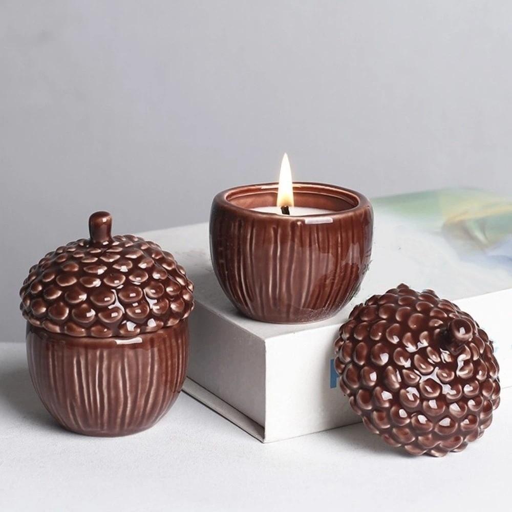 with Lid Ceramics Storage Jar Multi-functional Candlestick Decorative Pinecone Candle Cup  Gift