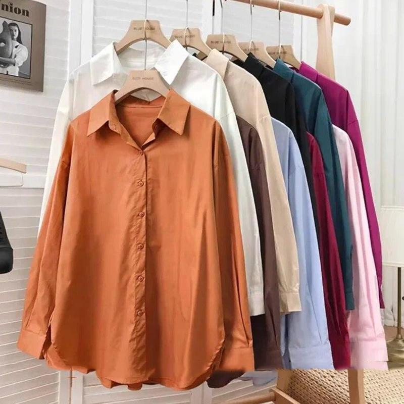 

Весенние простые хлопковые рубашки с длинными рукавами, женские повседневные осенние модные блузки на пуговицах, женские офисные свободные топы с лацканами 29588