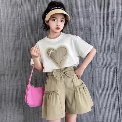 Sommer Mädchen Baumwolle Herz T-Shirt Tops und Kurze Hose Schleife Plissee Teenager Kinder Zweiteiliges Set