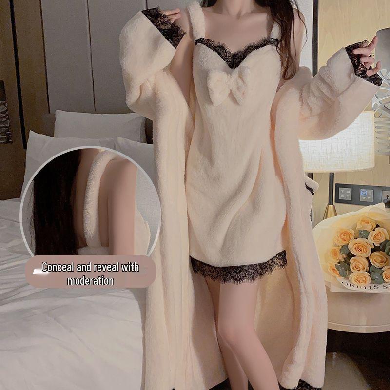 

Фланелевый пижамный комплект большого размера: Кружевное платье-майка - Сладкая и милая домашняя одежда для женщин L (Recommended for 55-70 kg)