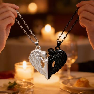 1 Set Matching Angel Couple Necklaces Magnetic Heart Angel Pendant Necklaces Romantic Love Heart Necklaces for Couples Anniversary Day Gift