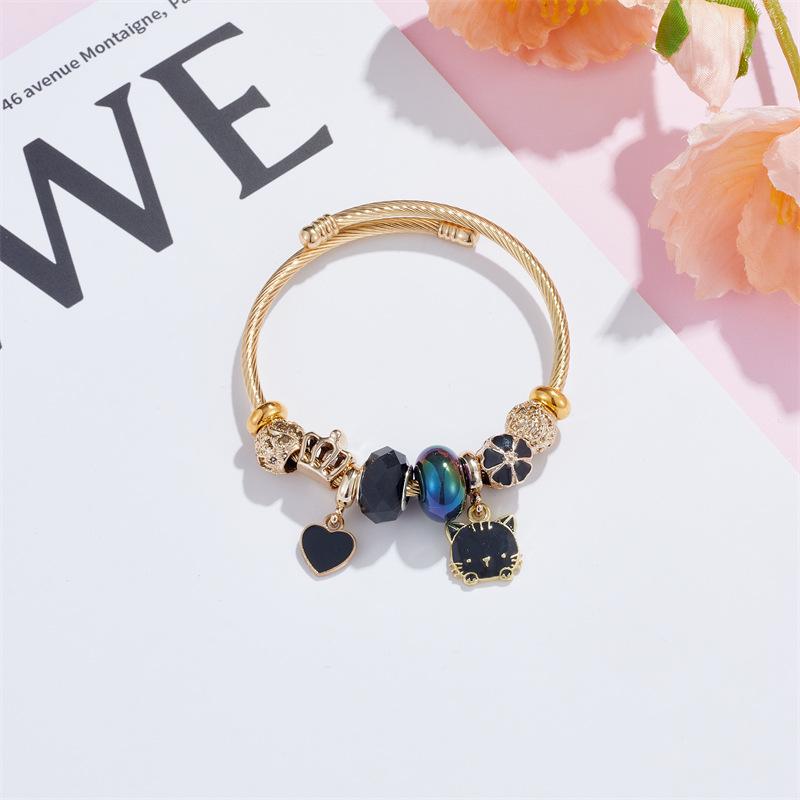 Cute Cat Flower Heart Charm Bracelets for Women Girls Gold Color Stainless Steel Bangle Sweet Accessories Jewelry Birthday Gift