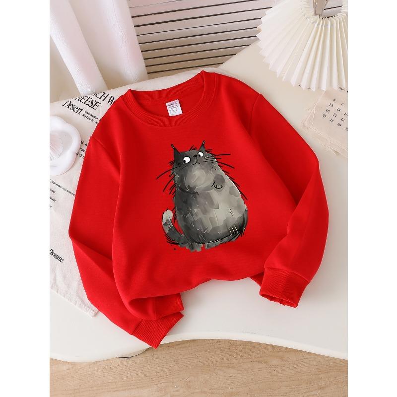 Girls' Long-sleeve Sweatshirt with Round Neck and Printed DesignCute Cat Print Suitable for Spring and Autumn, Fashionable and Casual
