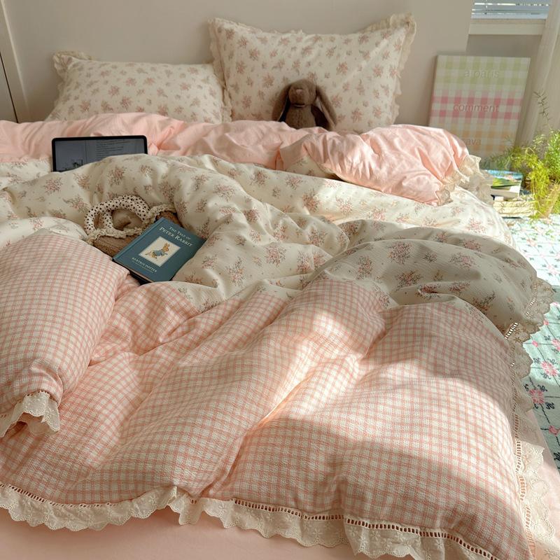 Seersucker Floral Bedding Four-piece Set Washed Skin-friendly Breathable Sheets Quilt Cover Pillowcase