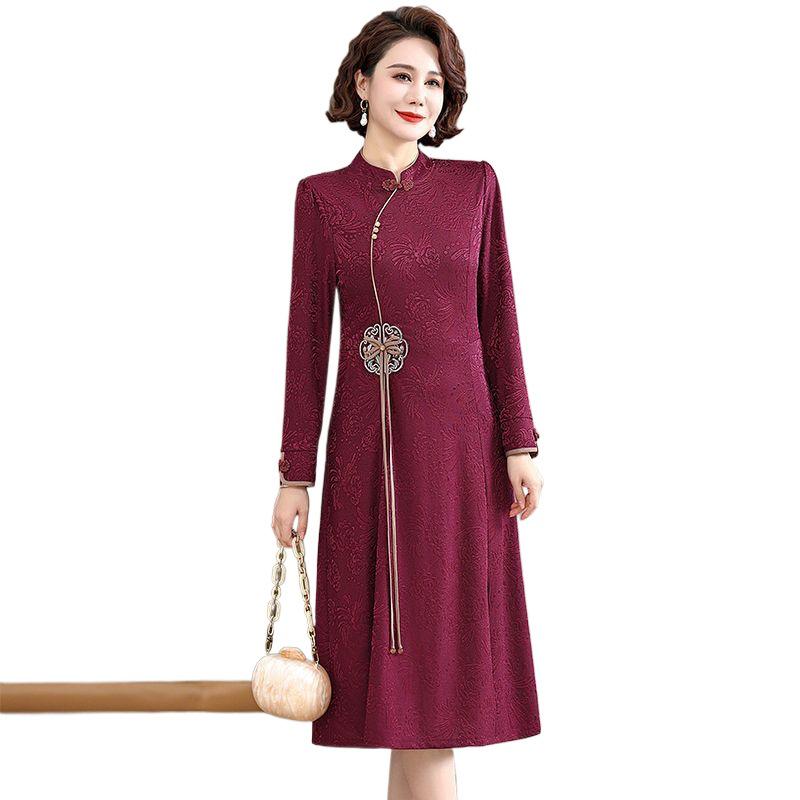 Autumn Mid-Length Embroidered Dress for Middle-Aged Women