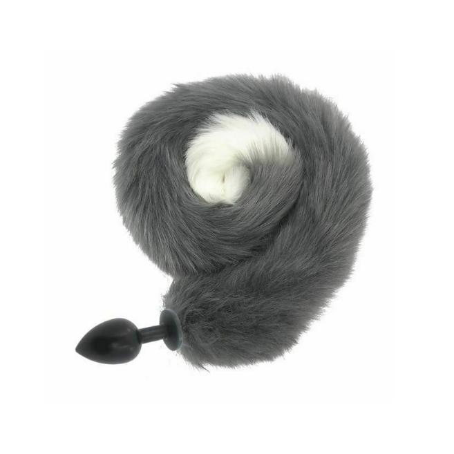 80Cm Long Grey White Fox Tail Cosplay Anal Butt Plug  Pet Play Butt Plug Tails