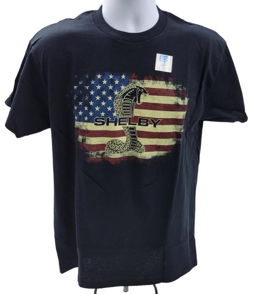 Black T-Shirt w/ Black Shelby Cobra Emblem Script w/ American Flag Background 3XL