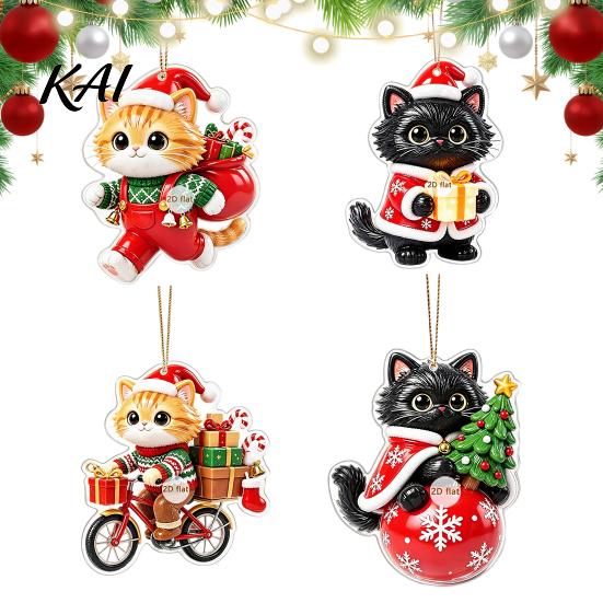 Acrylic Holiday Ornaments Christmas Cat Pendant with Hanging Rope, 2D Flat Ornament for Xmas Tree Unique Gift Ideas Decoration, Cute Decor,