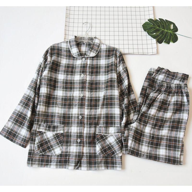 

Export Daily Order Women s Spring and Autumn Pure Cotton Gingham Long Sleeves Pants Cardigan Pajamas Casual Homewear Suit Dark green grid M