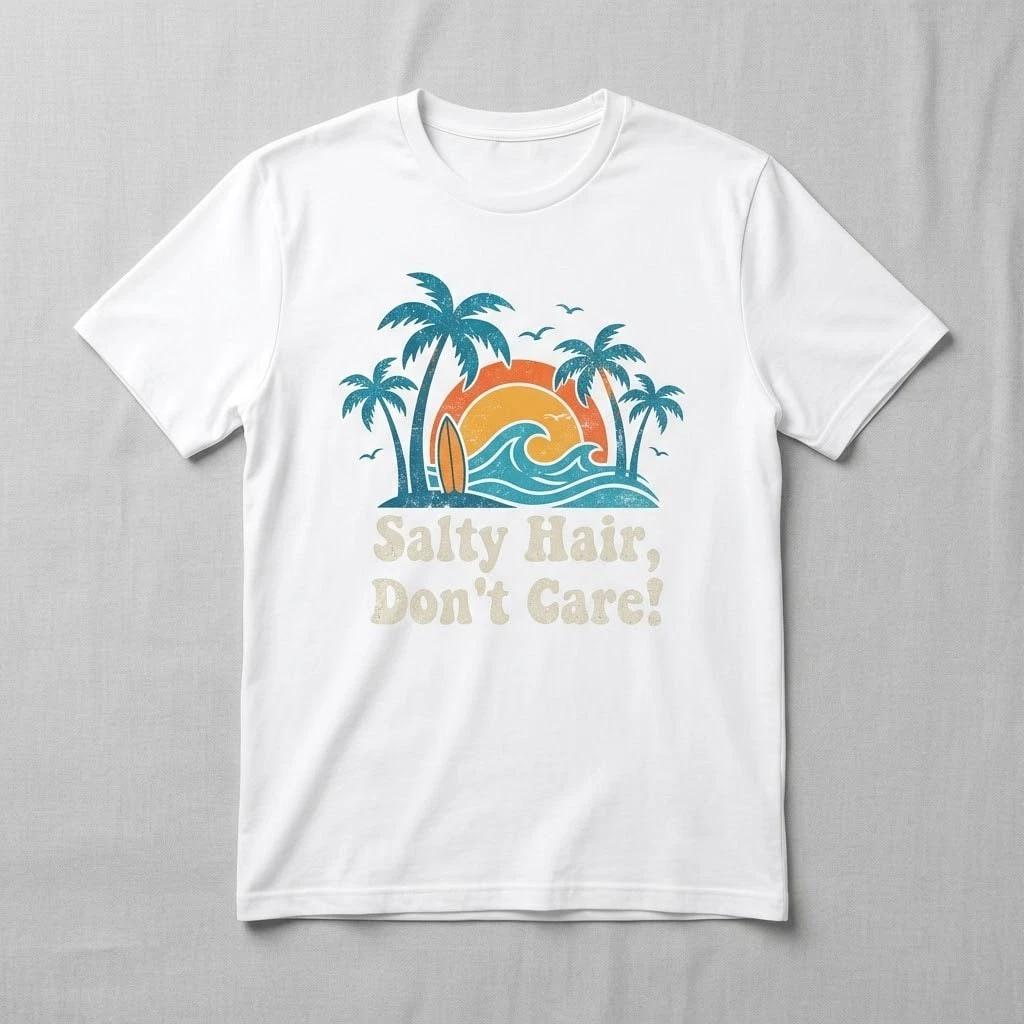Salty Hair Don t Care T-Shirt - Retro Summer Beach Surf Graphic Tee - Unisex M