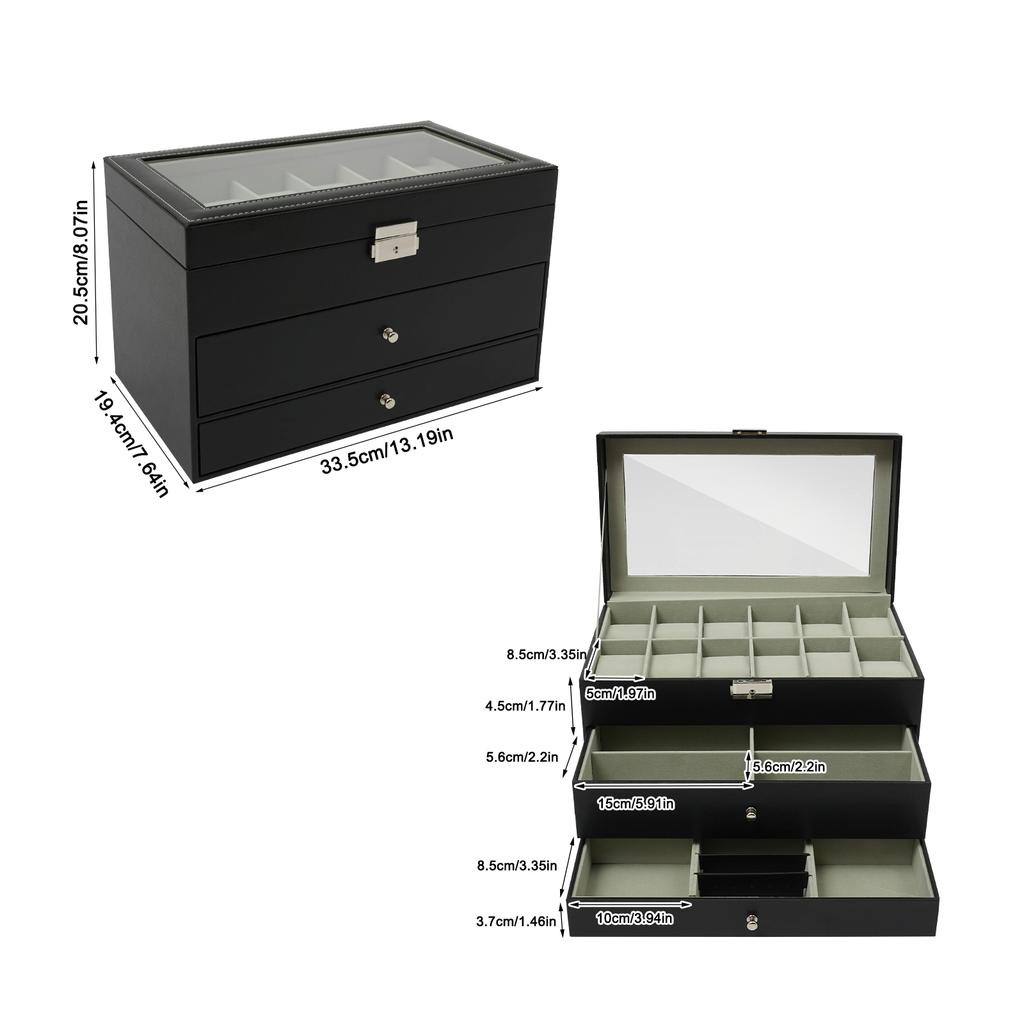 12-Slot Watch Box Case 3 Layers Watch Holder Organizer Display with 2 Velvet Drawer for Rings Bracelets Gifts For Birthday Black