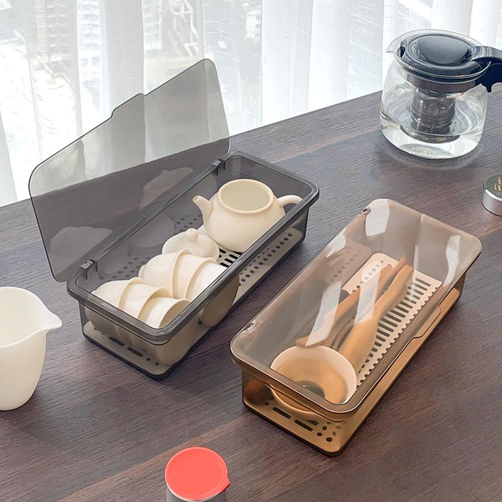 Tea Set Storage Box Transparent Cutlery Tray With Lid Drain Large Capacity Dustproof Cutlery Holder Desktop Dustproof With Cover