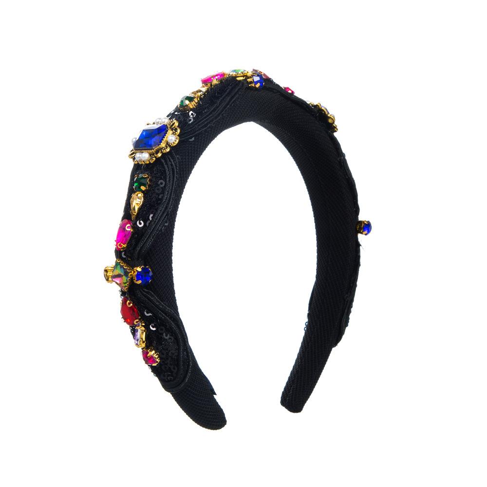 Baroque Heavy Bead Emerald Crystal Headband Luxury Sequins Padded Hairband Retro Vintage Palace Prom Sparkly Hair Accessory чёрный