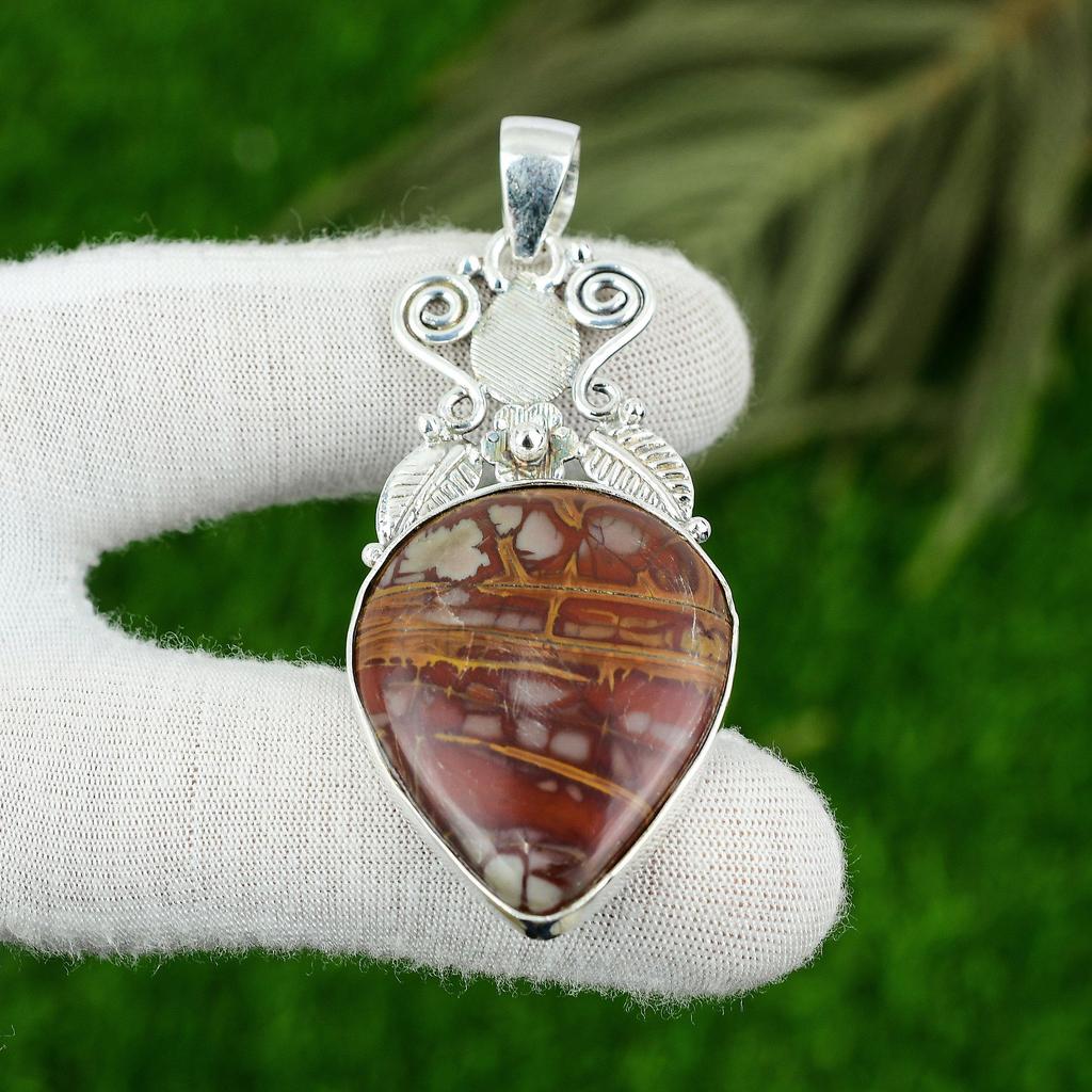 925 Sterling Silver Natural Noreena Jasper Art Deco Handcrafted Bezel Pendant
