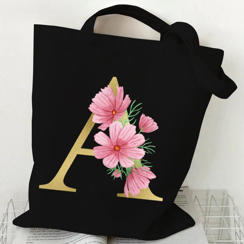 26 Golden Alphabet Floral Tote Bags for Women Large Capacity Canvas Casual New Flower Alphabet Printed Female Reusable Handbag