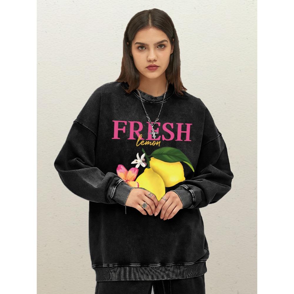Fresh Lemon Fruits Flower Print Washed Sweatshirt Women Loose Comfortable Pullover Crewneck Clothes Fashion Cotton Sportswear