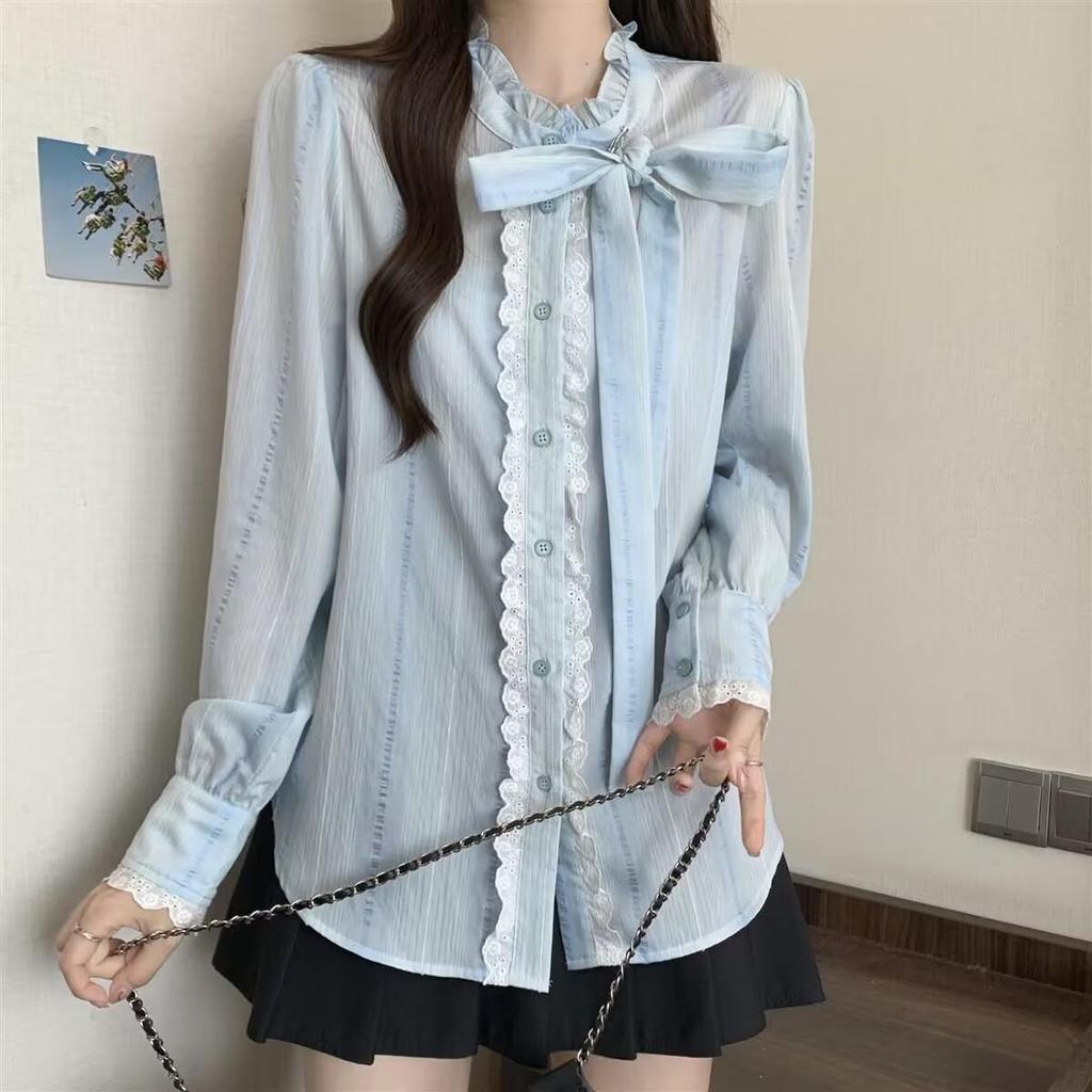 Blue Round Neck Bow Women's Shirt Long Sleeved Loose Casual Female's Shirts Single Breasted Woman's Spring/summer Blouses