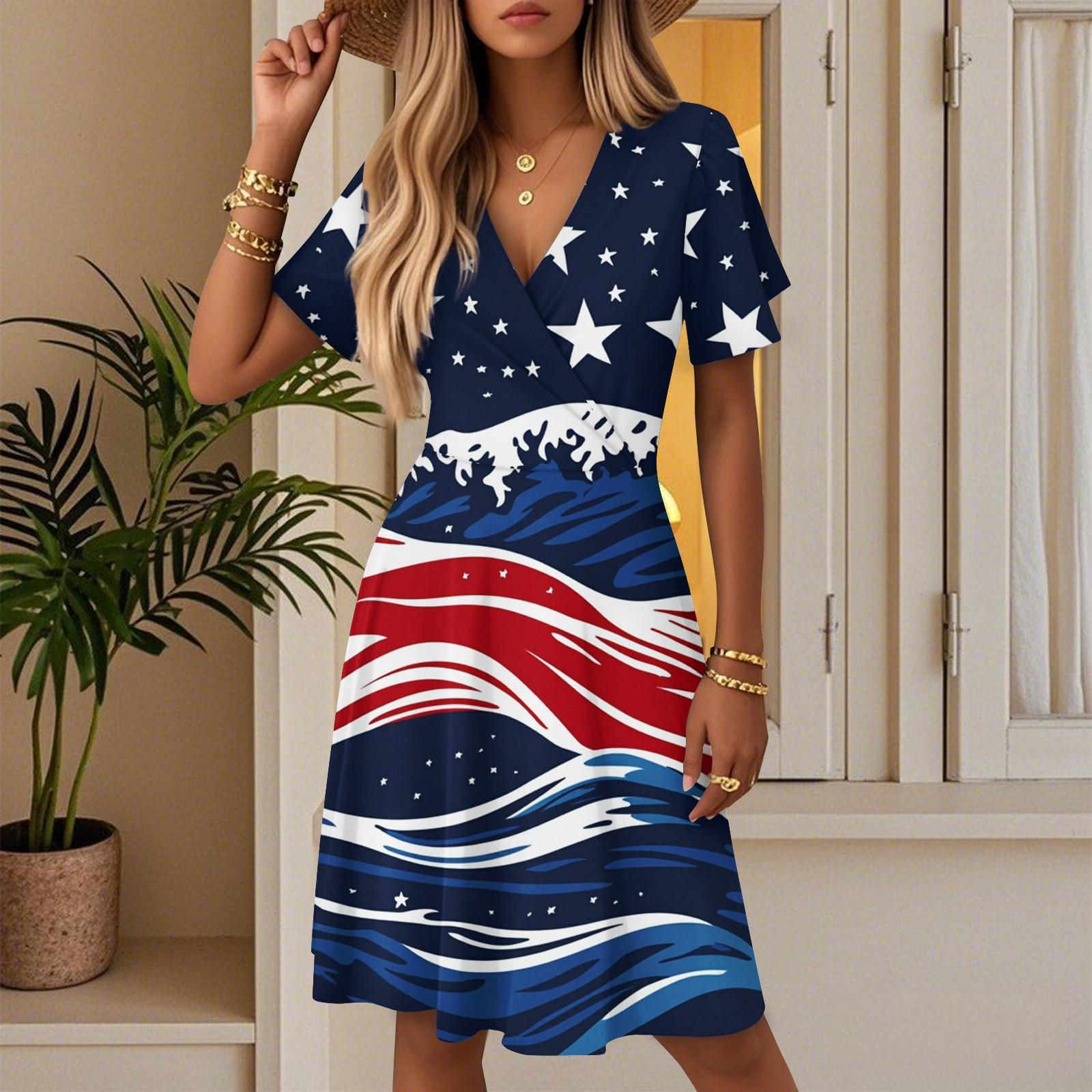 

Женское летнее модное платье с принтом ко Дню независимости, повседневное пляжное А-силуэта с V-образным вырезом, свободный сарафан M