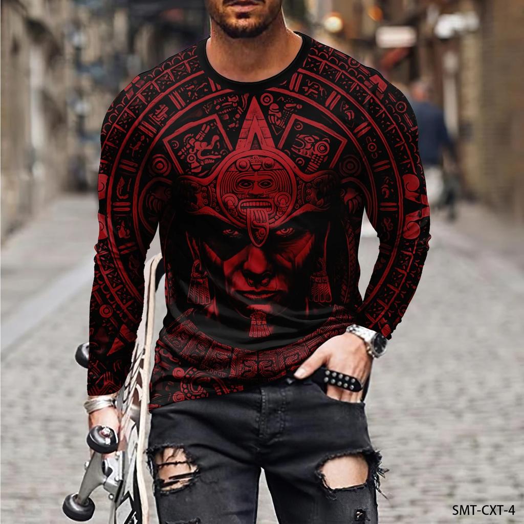 Spring and Autumn Round Neck Aztec Style Graphic 3D Printed Top Fashionable Casual Long Sleeved Men's T-shirts