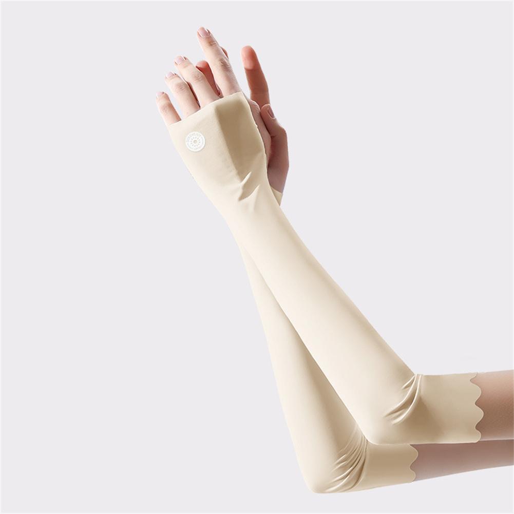 1 Pair Cooling Arm Sleeves With Thumb Hole Outdoor Ice Silk Sunshade Breathable Arm Sleeves Milk tea color #1