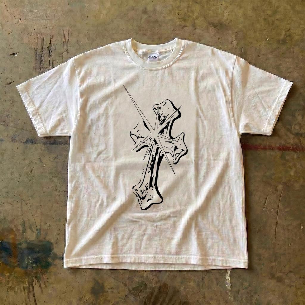 Chrome Cross graphic tee | Religious cross design, metallic skeleton style