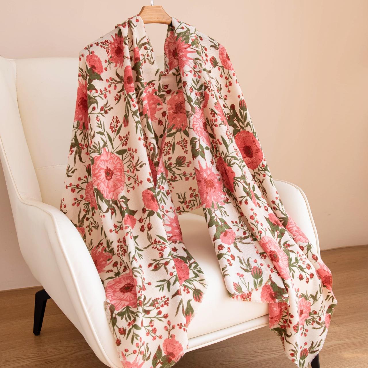 

Pink Flower Print Women Winter Warm Scarf Hijabs Tassels Shawl Cashmere Pashmina Scarves Wraps