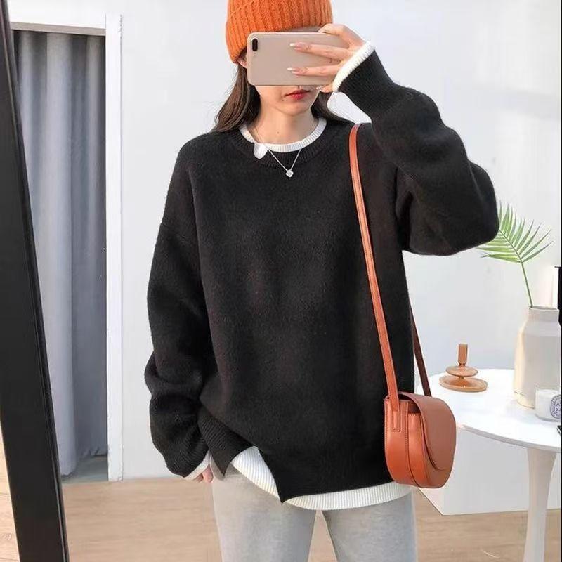 Женский повседневный теплый мягкий вязаный свитер с круглым вырезом на осень-зиму с длинными рукавами свободные пуловеры поддельные две части 2XL 2460₽