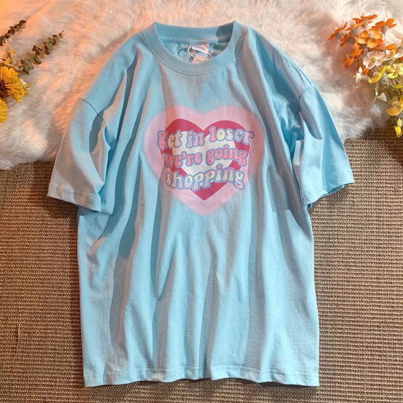 

Белая футболка с короткими рукавами Love для женщин. Летний новый корейский свободный хлопковый топ с короткими рукавами 2XL синий