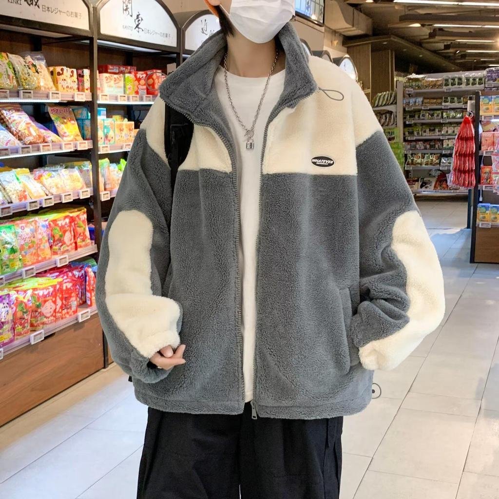 Men's Trendy Colorblock Fleece Jacket - Winter Lambswool with Stand Collar, Thick Cotton-Padded, Loose Fit, Plus Size.