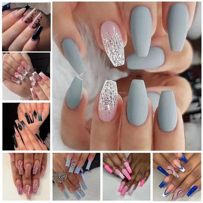 24 pçs/caixa longo caixão unhas falsas wearable unhas falsas com glitter strass ballet imprensa em unhas capa completa dicas de unhas
