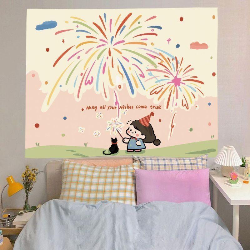 Cute Fireworks Tapestry Wall Hanging Wishing Girl and Black Cat Colorful Party Aesthetic Wall Art Bedroom Dorm Decor