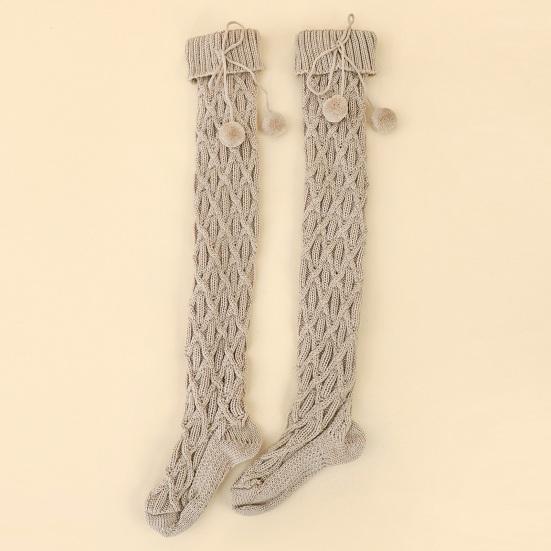 1 Pair Women Long Socks Solid Color Rhombus Texture Autumn Winter Knitting Stockings with Wool Balls Daily Wear