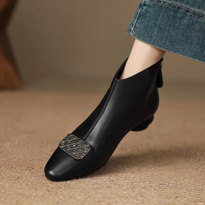 Fashion Block Heel Booties Women Winter Retro Style Metal Round Toe Fashion Boots New Chelsea Boots