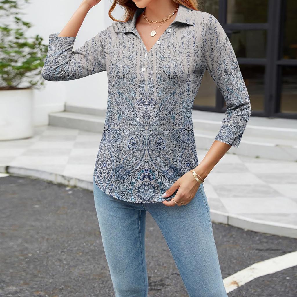 Women's Fashion Casual Long Sleeve Floral Print V-Neck Button Top