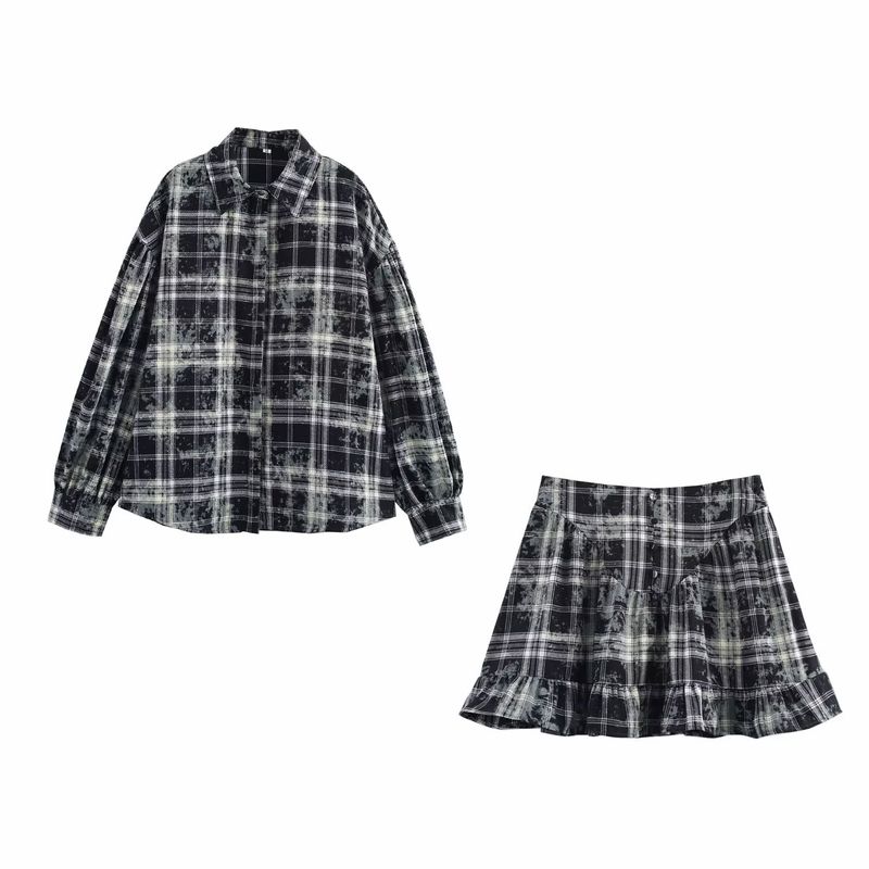 

Kaslead Новая женская одежда Западный стиль Мода Простые клетчатые рубашки с длинным рукавом Рюши Короткое платье Комплект Suit L