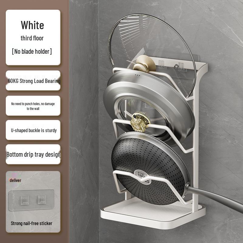 Wall-Mounted Multi-Functional Storage Rack: Cutting Board, Lid, Knife, Spoon, Chopstick Holder - No-Drill Installation.