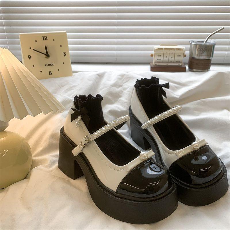 Fashion 2025Cute Gothic Pearl High Heels Women's Shoes Japanese Style Lolita  Jane Round Toe Ladies Pumps Kawaii On