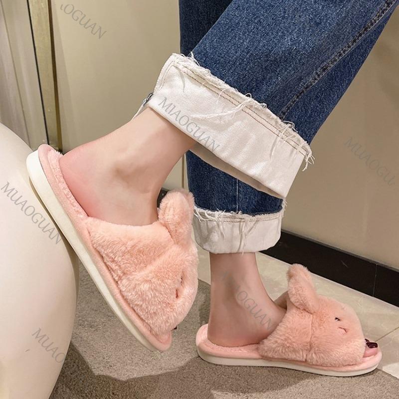 Fashion 2025 Autumn New Home Cartoon Rabbit Cotton Slippers Female Flat Bottom Plush Solid Color Soft Indoor Slides Casual Women's Shoes
