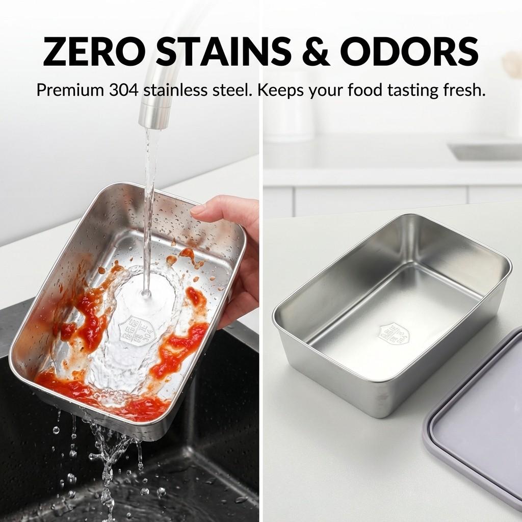 Stackable Fruit,Vegetable,Meat Food Container Durable Sealed 304 Stainless Steel Fresh-keeping Box Refrigerator&Microwave Safe