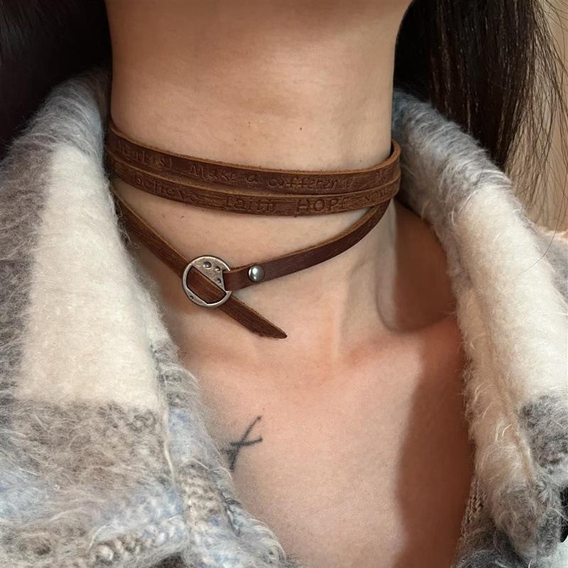Niche Retro Western Versatile Multi-Layer Punk Choker Neckband Wasteland Style Alphabet Leather Hottie Waist Chain